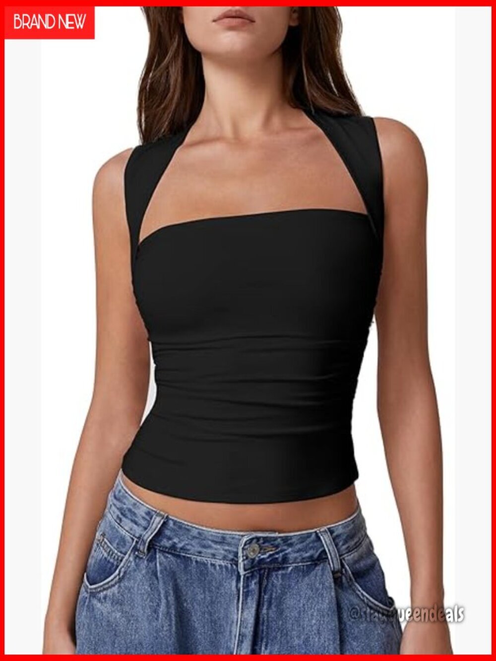 Women's Slim Fit Square Neck Tank Top, Double-Layer Fabric, Side Ruching